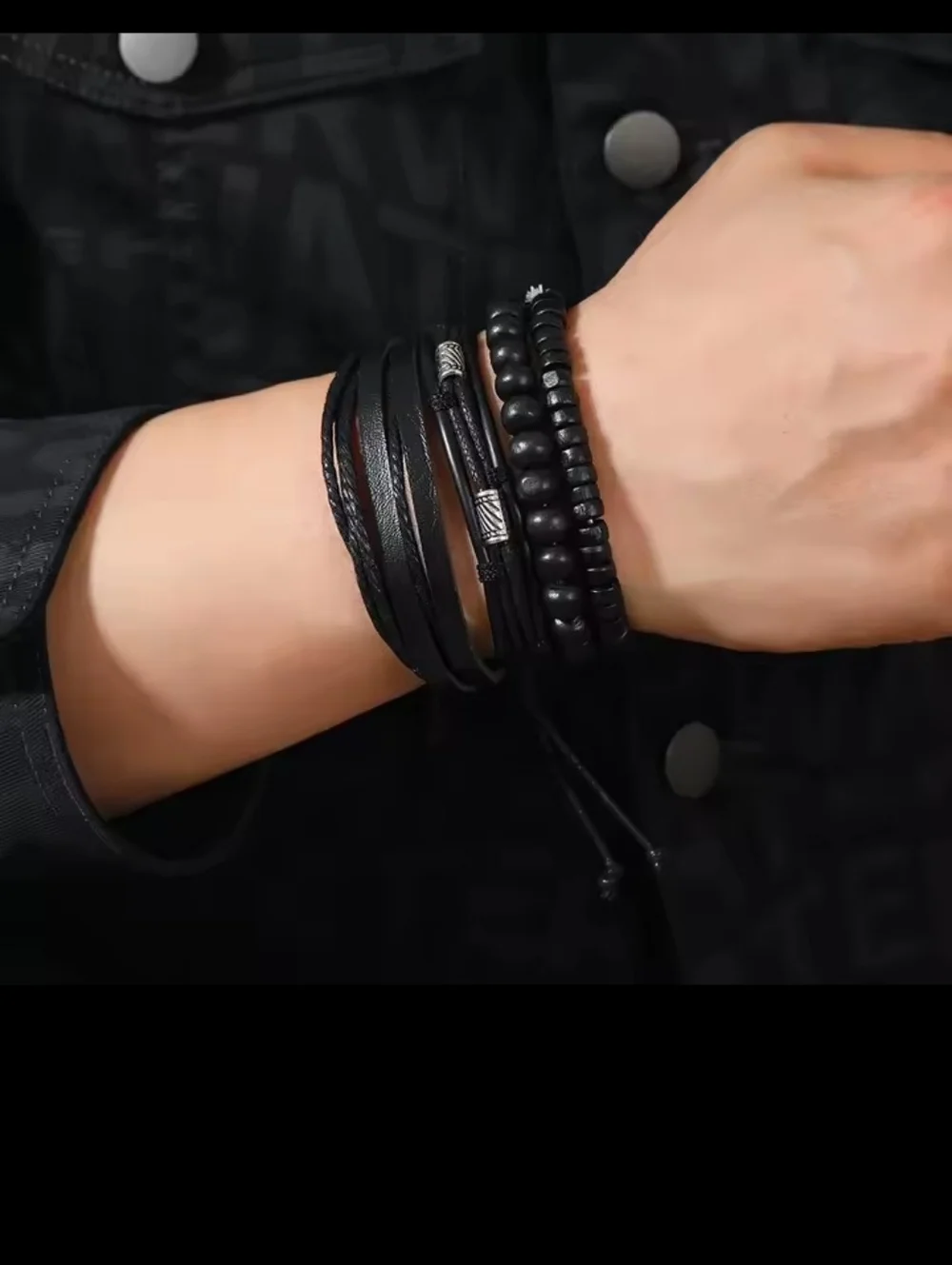 Men's Bracelets Set Leather 4pc Braided Beaded‎ Black Jewelry New G1